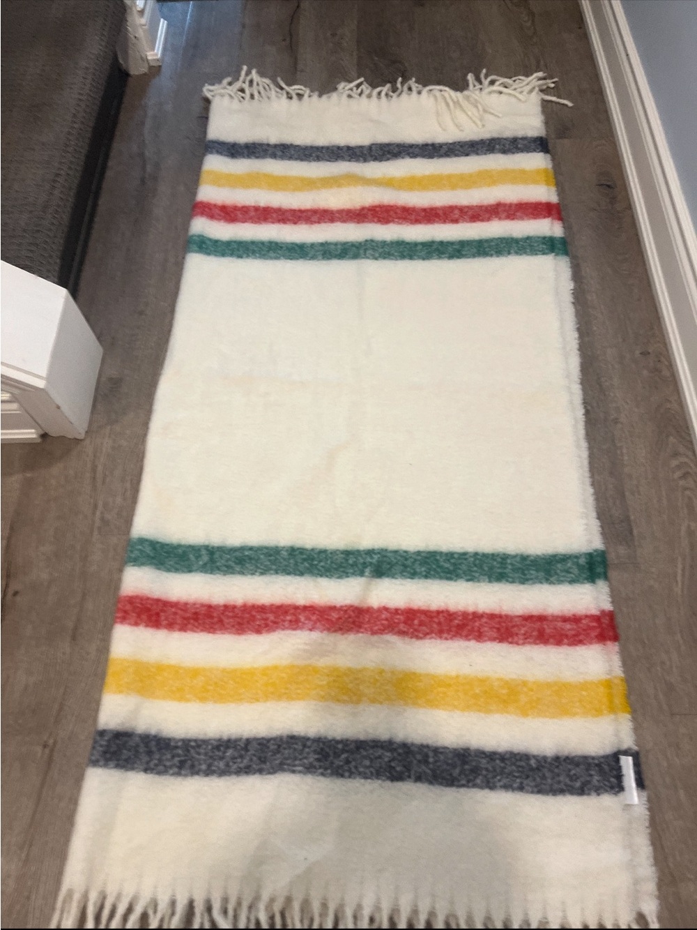 Cream Stripe Wool Throw Blanket with Multicolor Bands
